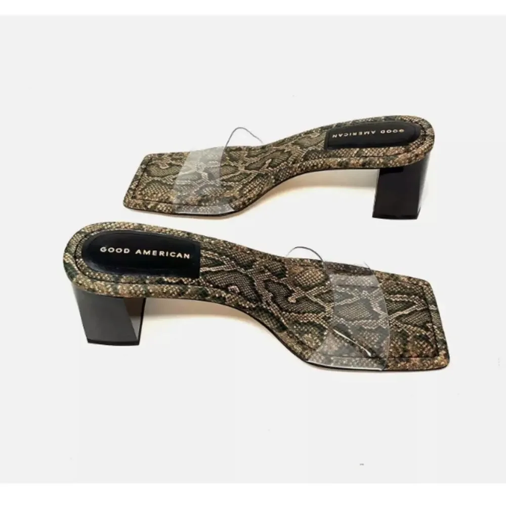 Good American Block Heel Slide Sandal Desert Snake Size 8 GA119K-X